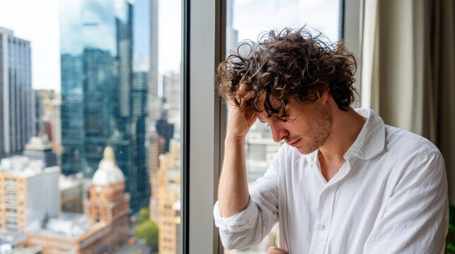 Tired young man with headache in modern office