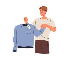 Eco clothing, slow fashion and sustainable shopping concept. Man holding garment with green leaf label, ecological tag. Choosing recycled fabric. Flat vector illustration isolated on white background