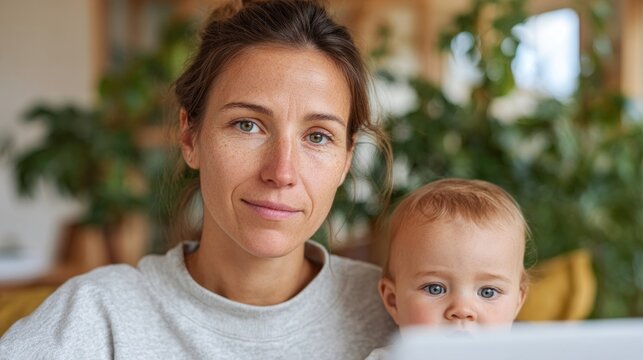 Remote working mom caring for her baby