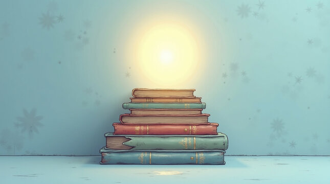 A stack of weathered books glows with knowledge, symbolizing learning, wisdom, and the power of literature, with a vintage aesthetic and a sense of timelessness and discovery