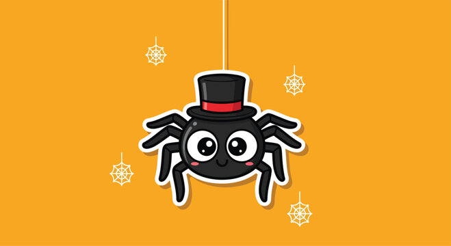 Cartoon spider wearing top hat hangs from string against orange backdrop with snowflake details, creating a cute and whimsical Halloween mood.