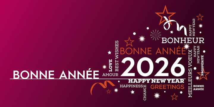 2026 Bonne ann&eacute;e nuage de mots, couleurs chaudes
