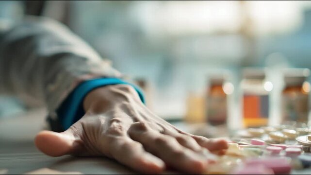 human hands rejecting unnecessary antibiotics, concept of antibiotic resistance, bright natural lighting, hospital table with medicines