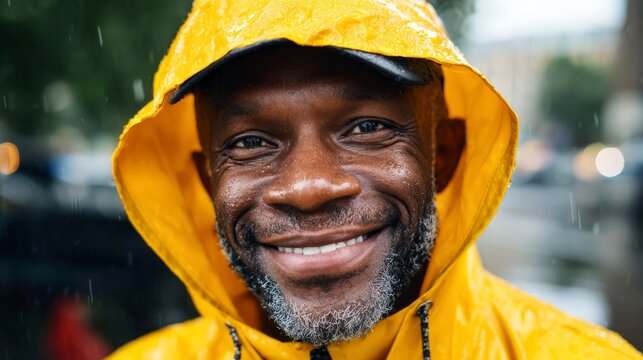 Man holding umbrella smiling in rain.