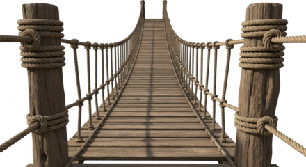 Old wooden rope bridge isolated on transparent background for crossing and adventure