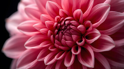 Macro View of Fuschia Dahlia Petals Texture and Pattern,  Dramatic Close-up of Pink Dahlia Flower on Dark Background