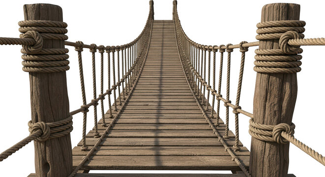 Fototapeta Old wooden rope bridge isolated on transparent background for crossing and adventure