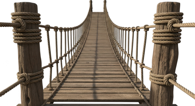 Old wooden rope bridge isolated on transparent background for crossing and adventure