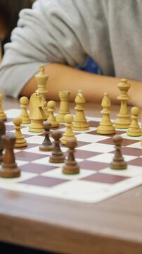 Close-up of chess pieces on the board during a game