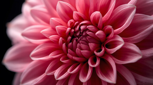 Macro View of Fuschia Dahlia Petals Texture and Pattern,  Dramatic Close-up of Pink Dahlia Flower on Dark Background