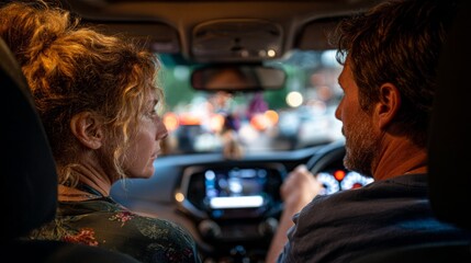A couple sitting in a car during nighttime.