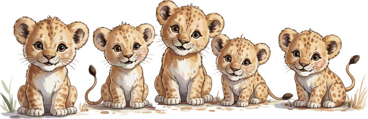 Cartoon lion cubs sitting in row, cute animal clipart set, expressive jungle character illustration, wildlife design