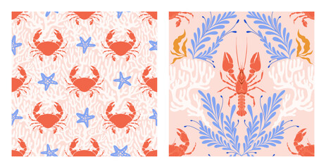 Lobster, Crab Seamless Pattern Set with Seaweed and coral on pink Background. Whimsical Vintage coastal print with retro seafood illustration and ocean life. Perfect for marine designs, seaside decor © AutumnStudio