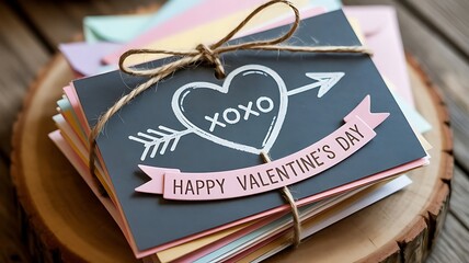 Valentines day cards stacked on wood with heart and arrow design
