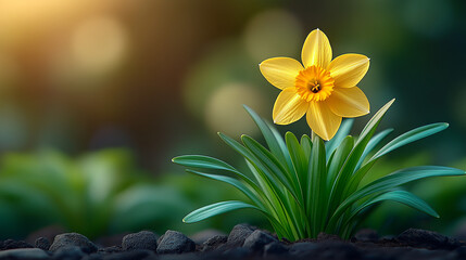A daffodil blooming among green leaves in nature