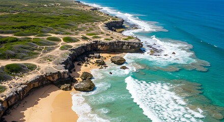 Aerial view of a pristine coastline with a sandy beach and turquoise ocean