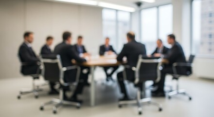 Business team meeting in modern office setting with neutral color tones
