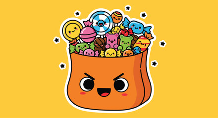 Halloween candy bag overflowing with colorful sweets and treats on bright yellow surface, creating festive and joyful atmosphere.