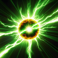 Intense green energy bursts emanate from a glowing orb, creating a powerful and dynamic abstract visual effect against a dark background.