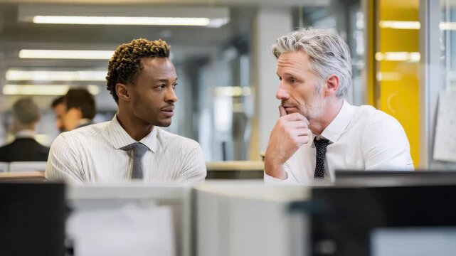 Businessman and colleague engaged in a detailed discussion about project strategies in modern office environment during working hours
