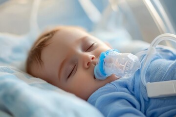 Close-up of a peaceful sleeping infant wearing a small oxygen mask, illustrating medical care and health challenges for newborns