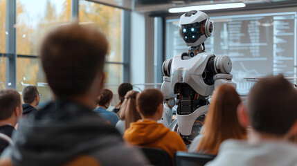 Humanoid robot teaching students in modern classroom – futuristic AI education concept