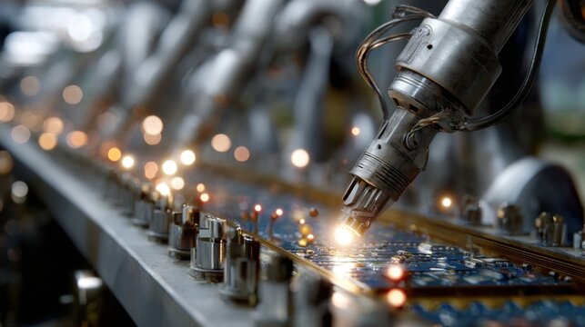 Detailed close-up of a robotic arm performing welding or soldering on a printed circuit board assembly line.
