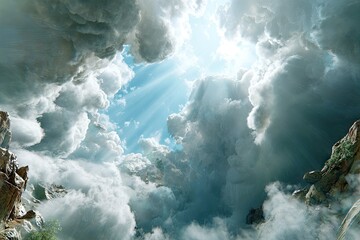 Ethereal sunbeams pierce fluffy clouds over rocky terrain