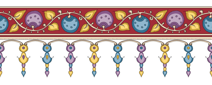 Elegant traditional Indian ornamental border design featuring colorful hanging motifs, floral details, and decorative leaves on a maroon background. 