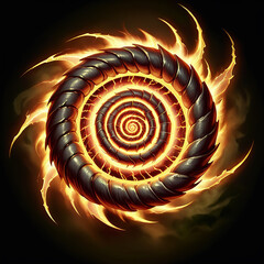 Fiery portal vortex with metallic textured ring and swirling energy on a dark background, abstract fantasy concept