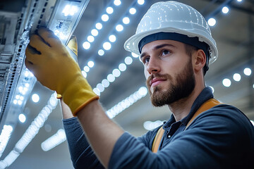 Electrical technician adjusting office ceiling lights.