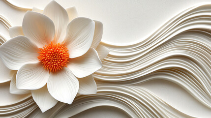 A white flower with an orange center on a minimalist white background with curved lines