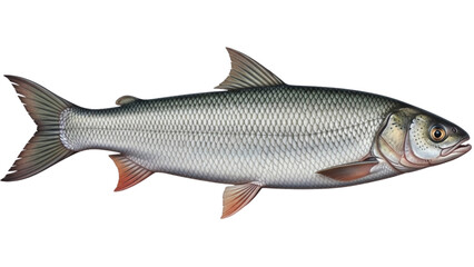 Illustration of a Silver Carp Fish with Detailed Scales and Fins on Black Backdrop