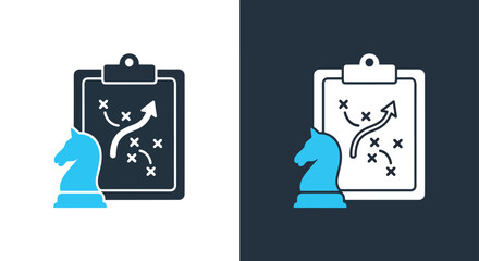 Chess strategy board icon set featuring knight piece and play diagram for business planning -  Glyph solid icon - Editable modern style icon.