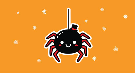 Cute spider wearing a top hat hangs from a string against an orange backdrop with snowflakes, creating a whimsical and festive halloween scene.