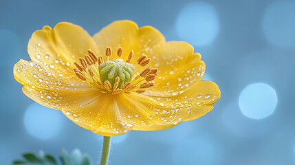 A vivid yellow flower with dew drops against a soft bokeh background