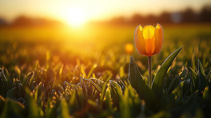 A vibrant tulip glowing in warm sunset light symbolizing hope and renewal
