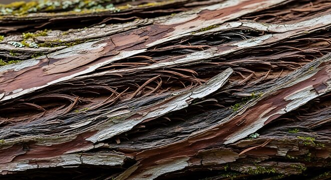 Macro Close-up of Natural Shredded Tree Bark Texture. Detailed background of peeling, fibrous wood with deep brown and reddish layers and moss.