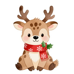 Obraz premium Christmas watercolor reindeer with red scarf and holly decoration, sitting and smiling, isolated on transparent or white background.