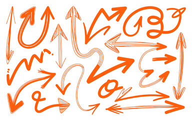 Dynamic collection of fiery orange arrows pointing in various directions on black isolated on transparent background