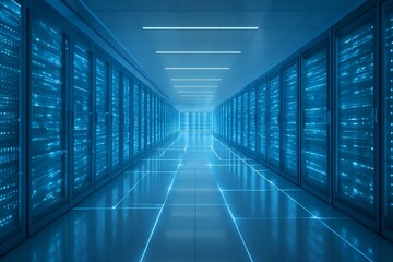 Futuristic data center interior with glowing servers in soft blue tones, digital network concept showing AI, cloud computing, and global data technology in modern symmetrical space.