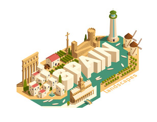 Spain isometric illustration paired with descriptive regional narrative realistic style