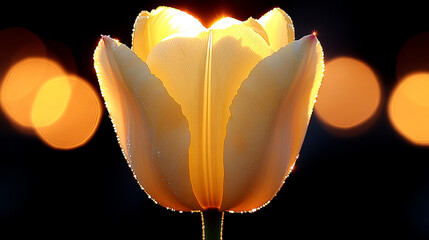 A bright yellow tulip illuminated by sunlight against a dark bokeh background