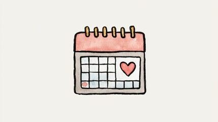 Watercolor calendar icon with red heart symbol hand drawn illustration for love date and romantic reminder