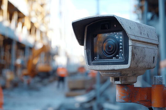 Security camera monitoring construction site with modern buildings in background. - Powered by Adobe