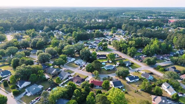 Aerial landscape of Richmond Hill residential area sunny summer day in Bryan County Georgia