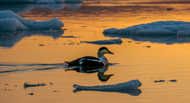 Swimming common eider duck on calm water at sunset near floating ice in a peaceful landscape - Powered by Adobe