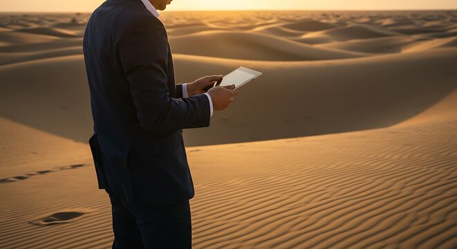 Businessman in desert reads tablet at sunset with copy space for design