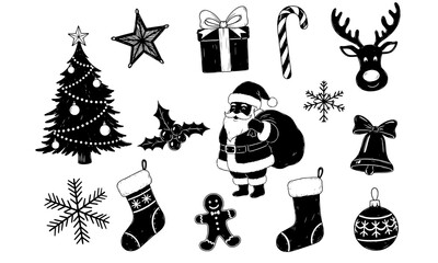 Fototapeta premium A creative set of hand drawn Christmas doodle silhouettes featuring festive icons such as trees, stars, gifts, snowflakes, and ornaments.