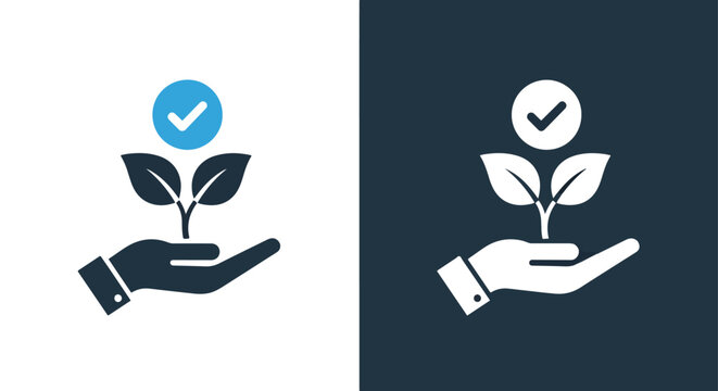 Eco growth icon hand holding seedling with checkmark for sustainable business and development -  Glyph solid icon - Editable modern style icon.